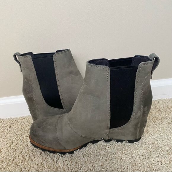 Sorel Lea Wedge Chelsea Ankle Boots Grey Quarry Leather 8.5 - Picture 2 of 6